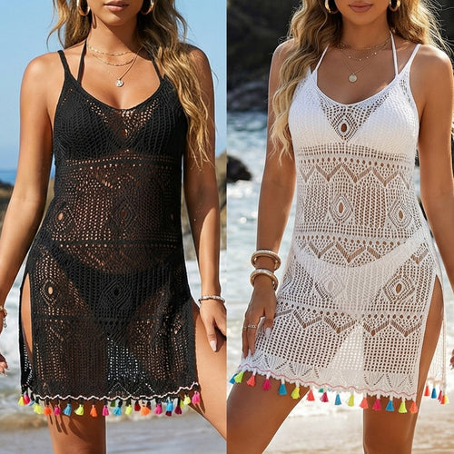 Damen Häkel-Strandkleid mit bunten Quasten EB