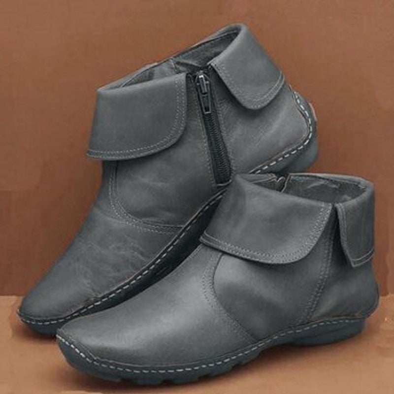 Damen nan knöchelhohe Lederoptik-Stiefelette mit umlegbarer Manschette und seitlichem Reißverschluss EB
