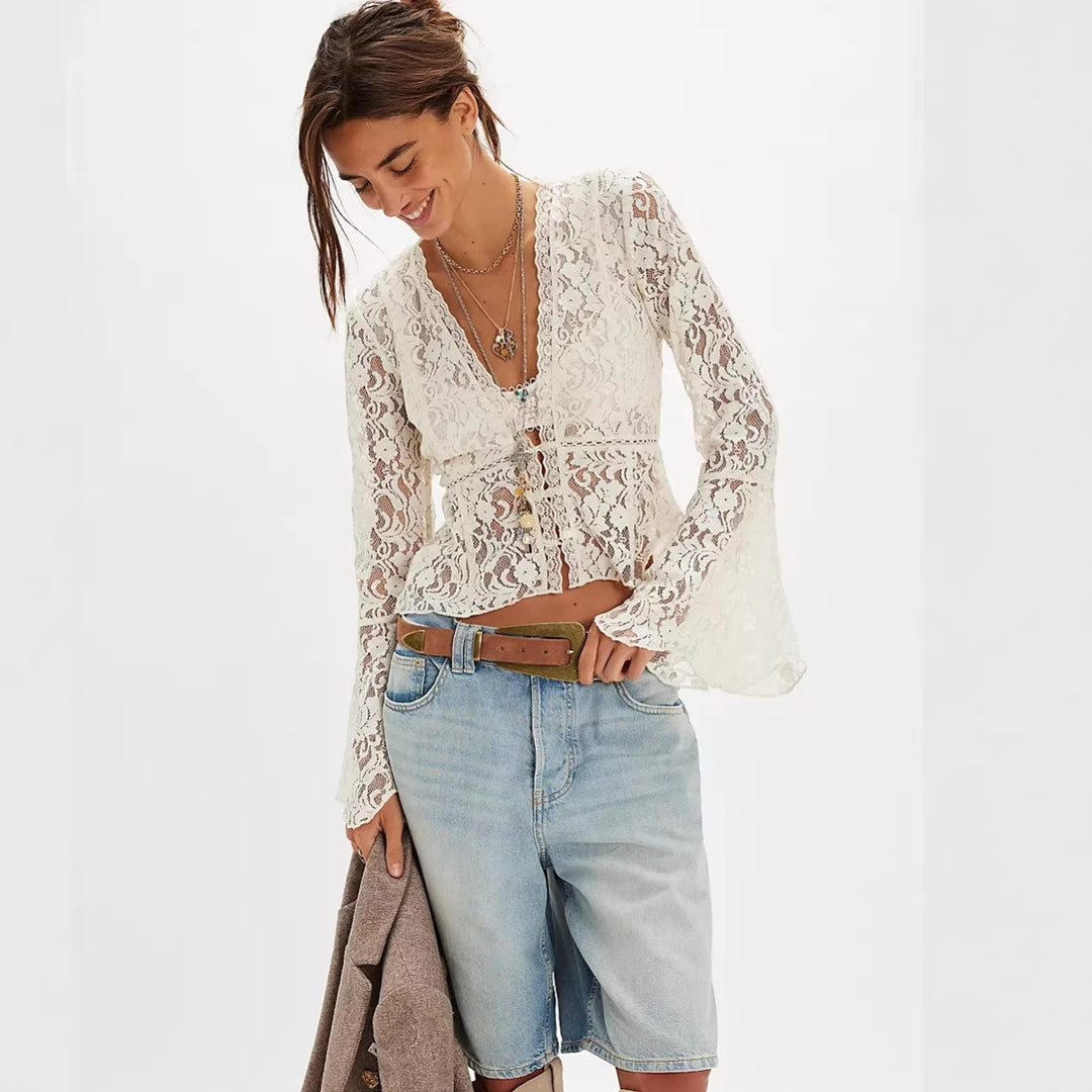 Damen Spitzenbluse im romantischen Design mit weitem Arm EB