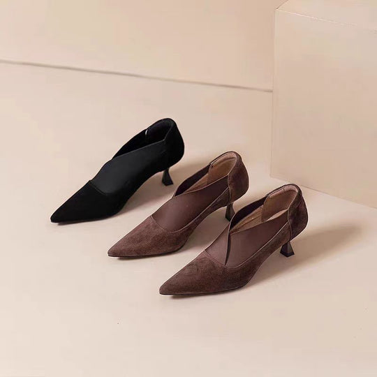 Damen Elegante spitze Pumps mit modischem V-Ausschnitt und weicher Veloursoberfläche EB