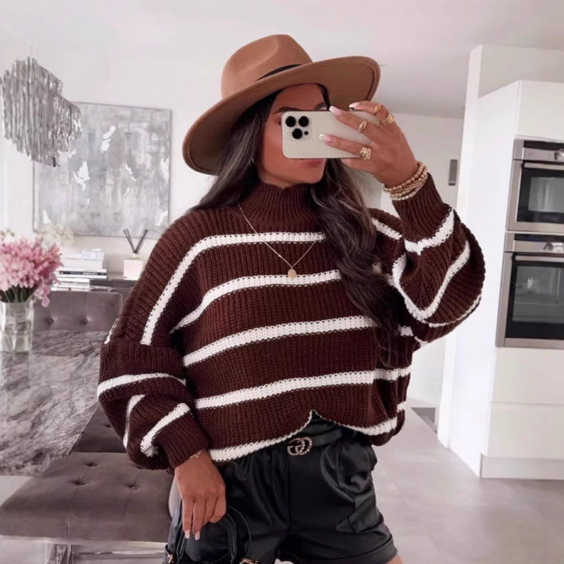 Damen gestreifter Oversized-Pullover mit modischem Rollkragen EB