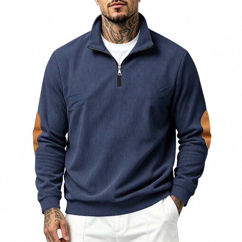 Herren nan Halbzip-Sweatshirt mit Stehkragen, feiner Waffelstruktur und Lederoptik-Ellenbogenpatchs EB
