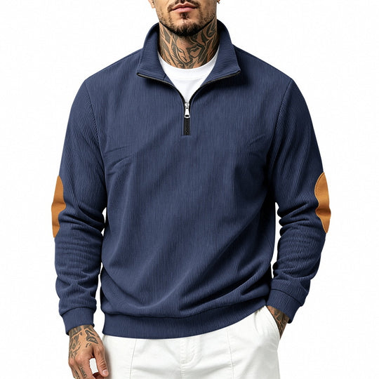 Herren nan Halbzip-Sweatshirt mit Stehkragen, feiner Waffelstruktur und Lederoptik-Ellenbogenpatchs EB
