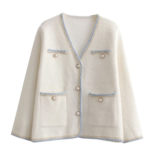 Damen elegante Strickjacke mit dekorativen Perlenknöpfen und praktischen Taschen EB