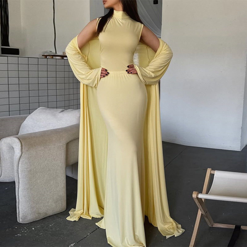 Damen elegantes Maxikleid mit weitem Cape und langen Ärmeln EB