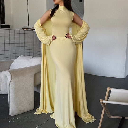Damen elegantes Maxikleid mit weitem Cape und langen Ärmeln EB
