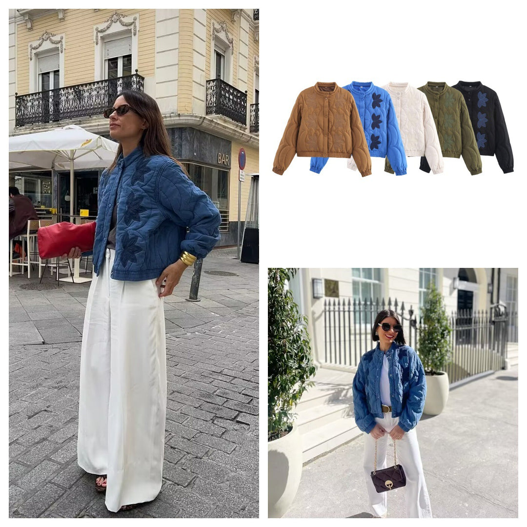 Damen gesteppte Jacke mit floralem Design und elastischen Bündchen EB