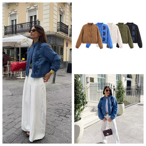 Damen gesteppte Jacke mit floralem Design und elastischen Bündchen EB