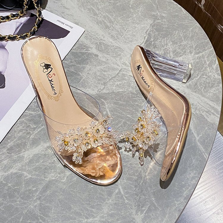Damen elegante und durchsichtige Mules mit floralem Schmuckdetail EB