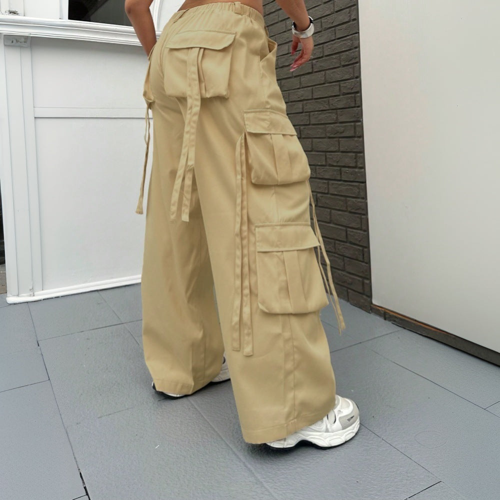 Damen weite Cargo-Hose mit funktionalen Taschen und elastischem Bund EB