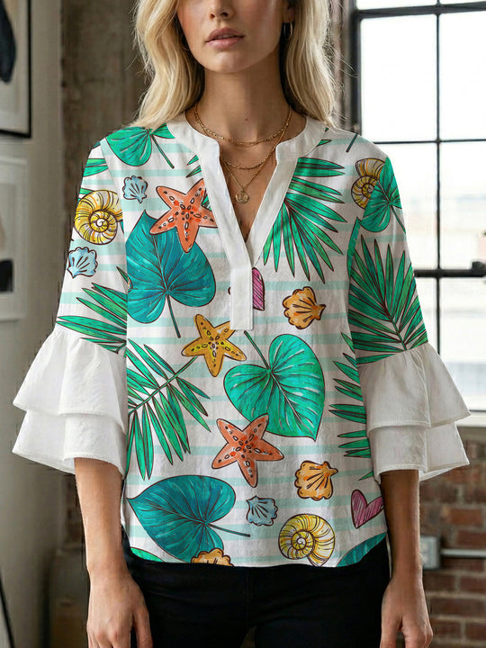 Damen Bluse mit voluminösen Rüschenärmeln und modernem Motiv EB