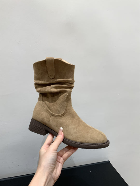 Damen modische Stiefel mit gerafftem Schaft und bequemem Blockabsatz EB