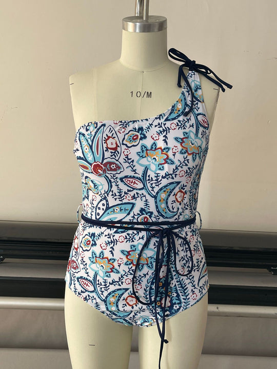 Damen Einseitiger Badeanzug mit floralem Muster und verstellbarem Gürtel EB
