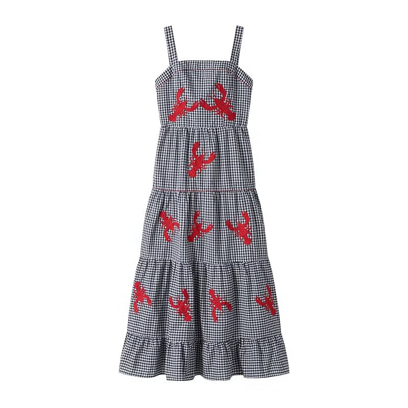 Damen Maxikleid mit Karo-Muster und lebhaften gestickten Krabbenmotiven EB