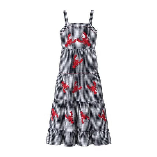 Damen Maxikleid mit Karo-Muster und lebhaften gestickten Krabbenmotiven EB