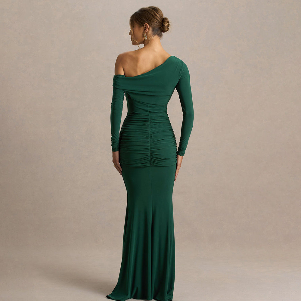 Damen figurbetontes Maxikleid mit asymmetrischem Design und Faltenwurf EB