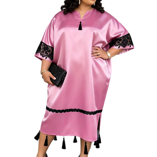 Damen elegantes Kaftankleid mit raffinierten Spitzenärmel und dekorativen Quasten EB