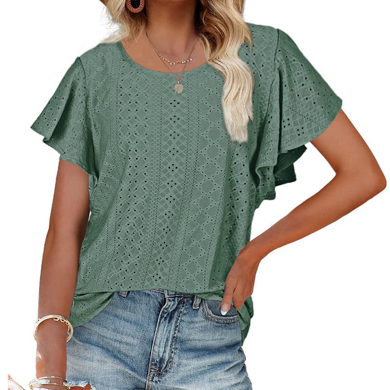 Damen Kurzärmlige Bluse mit Rüschendetails und Lochmuster EB
