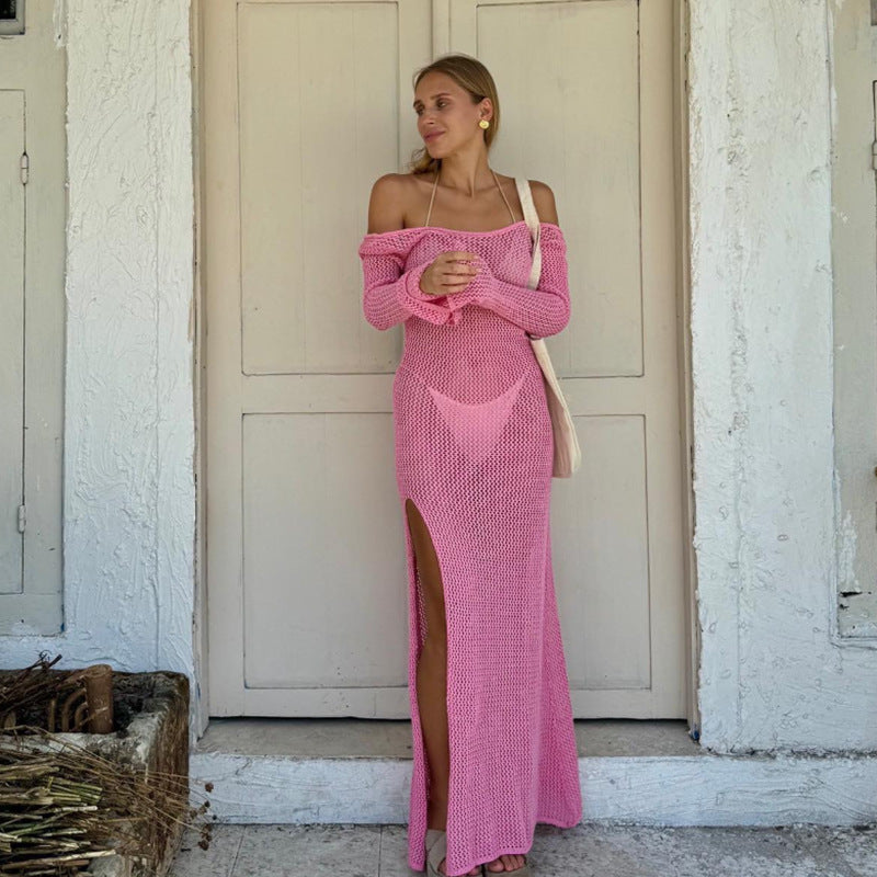 Damen luftiges Häkel-Maxikleid mit schulterfreier Optik und hohem Schlitz EB