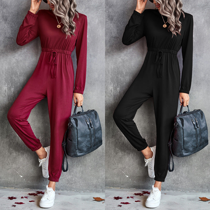 Damen lässiger Jumpsuit mit elastischem Taillenzug und trendy Langarm EB