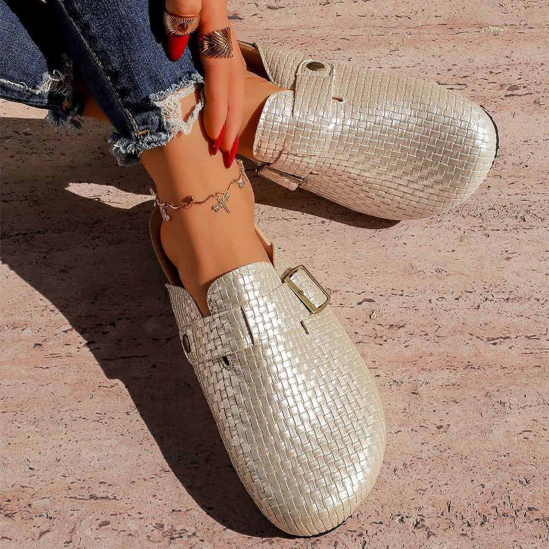 Damen Leder Clogs mit modischem Flechtmuster und verstellbarem Riemen EB