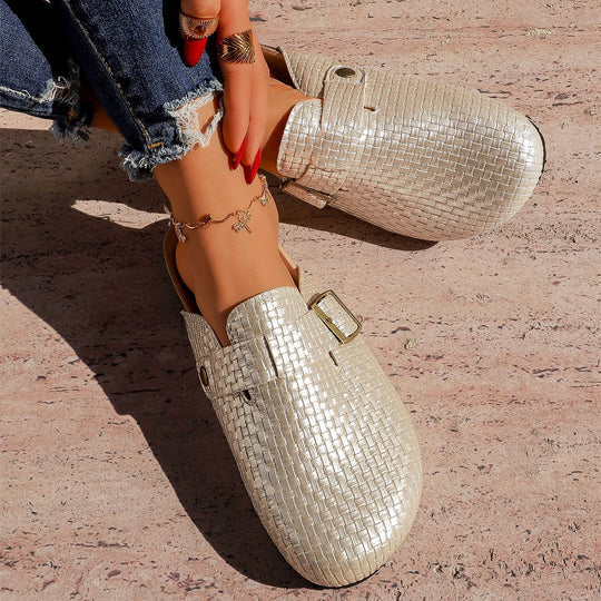 Damen Leder Clogs mit modischem Flechtmuster und verstellbarem Riemen EB