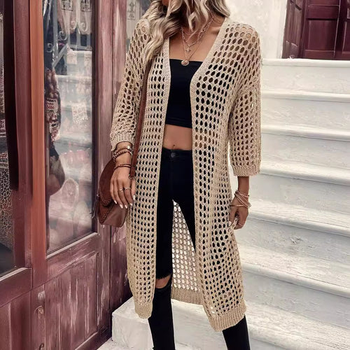 Damen Luftige Häkeljacke mit offenem Design und weiten Ärmeln EB
