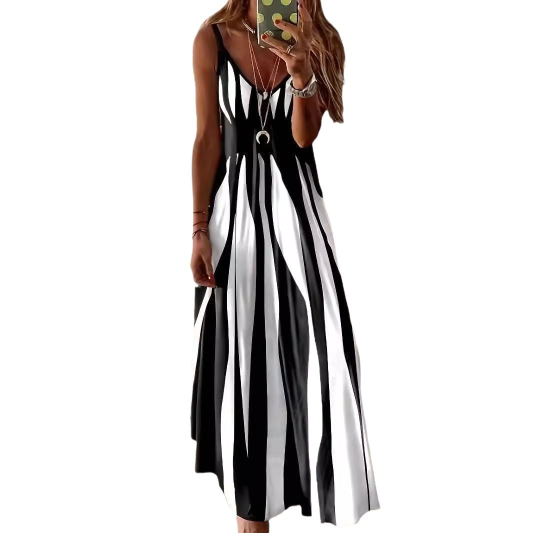 Damen Maxikleid mit raffiniertem Streifenmuster und tiefem V-Ausschnitt Heidi-Mode