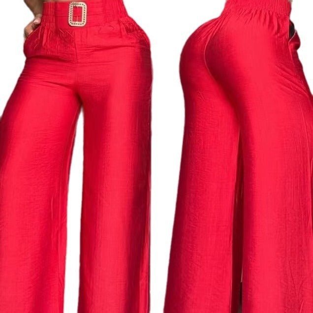 Damen Weite Palazzo-Hose mit hochtailliertem Bund und dekorativem Gürtel EB