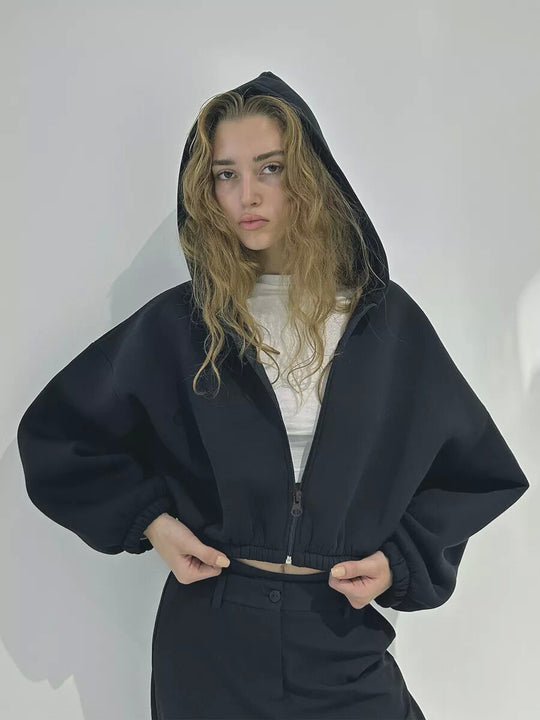 Damen cropped Kapuzenpullover mit oversized Ärmel EB