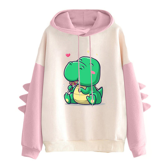 Damen nan Kapuzenpullover mit niedlichem Dinosaurierprint, kuscheligem Innenfutter und dreidimensionalen Ärmeldetails EB