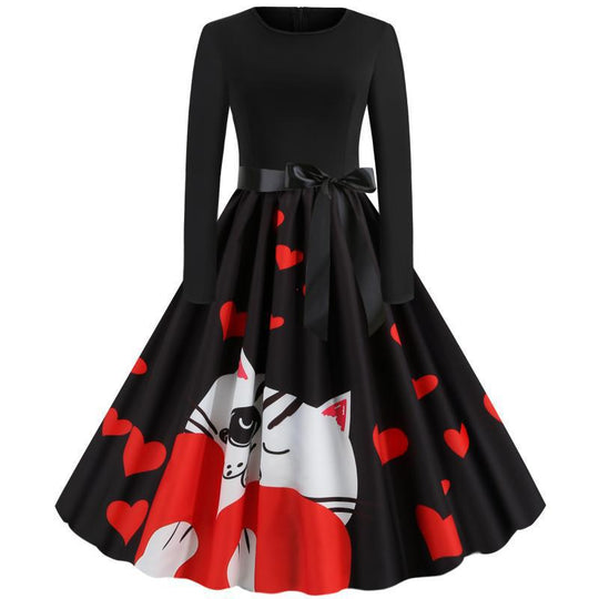 Damen Retro-Tellerkleid mit figurbetontem Oberteil, Satin-Taillengürtel und Katzen-Herz-Print EB