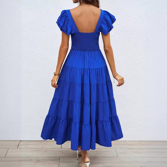 Damen Maxikleid mit voluminösen Rüschendetails und schwingendem Rock EB