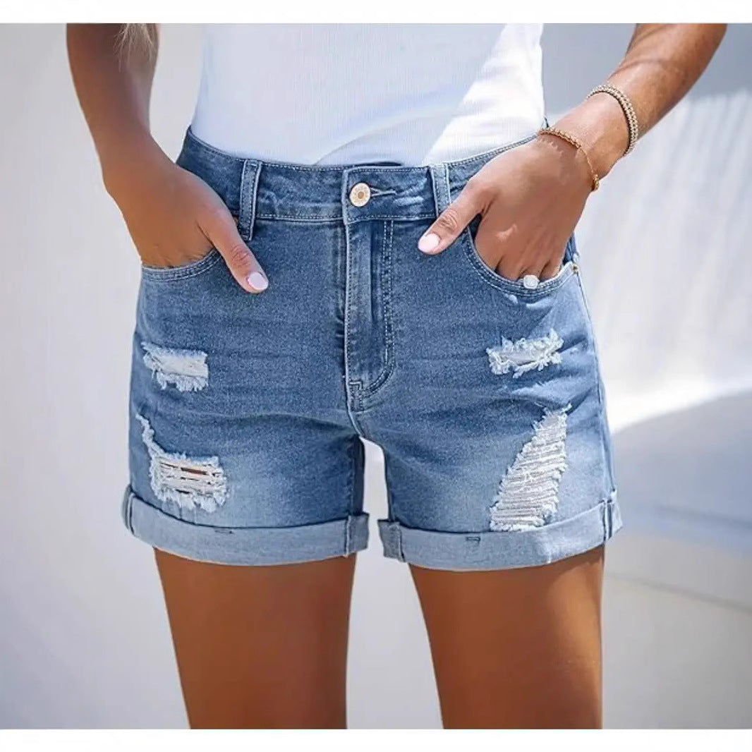 Damen kurze Destroyed Denim-Shorts im lässigen Look mit umgeschlagenen Säumen und stylischen Rissdetails EB
