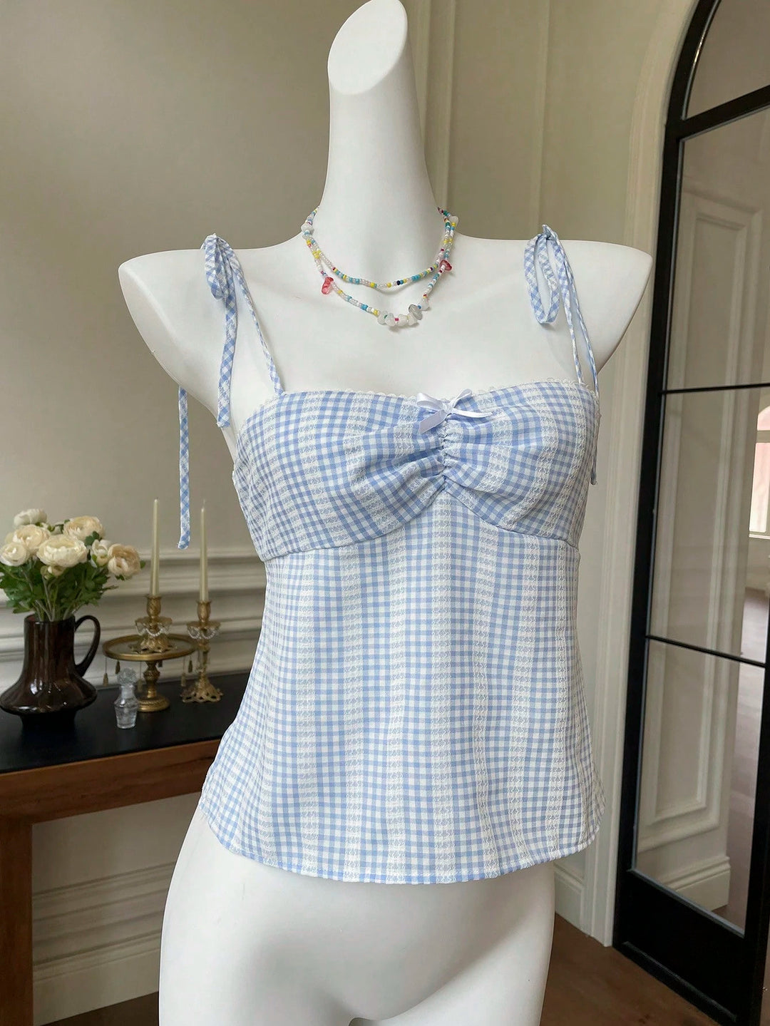 Damen Crop-Top mit verspielt gebundenen Trägern und Karomuster EB