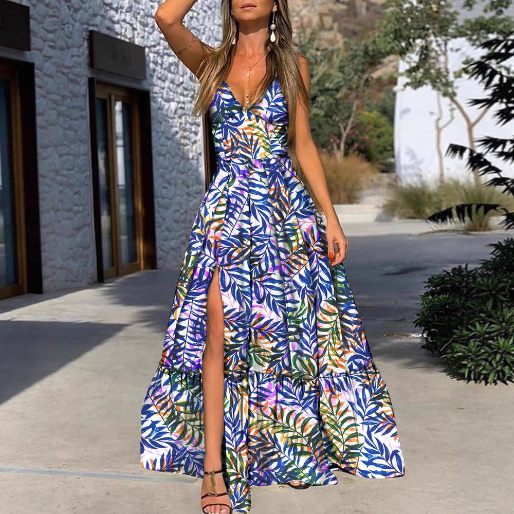 Damen Maxikleid mit tropischem Druck und voluminösem Rock EB