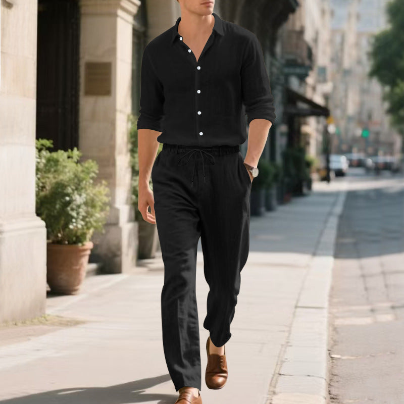 Herren entspannte Leinenhose mit verstellbarem Kordelzug und elastischem Bund EB