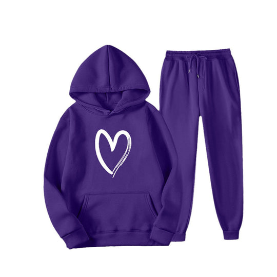 Damen Sweatsuit mit Kängurutasche und herzförmigem Print EB