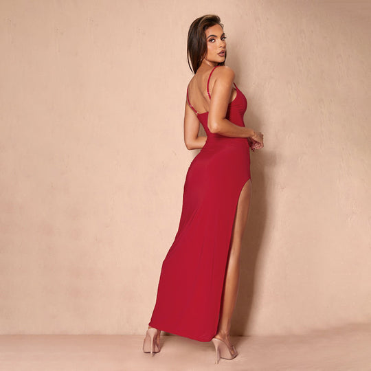 Damen elegantes Spitzen-Maxikleid mit zarten Trägerspitzendetails EB