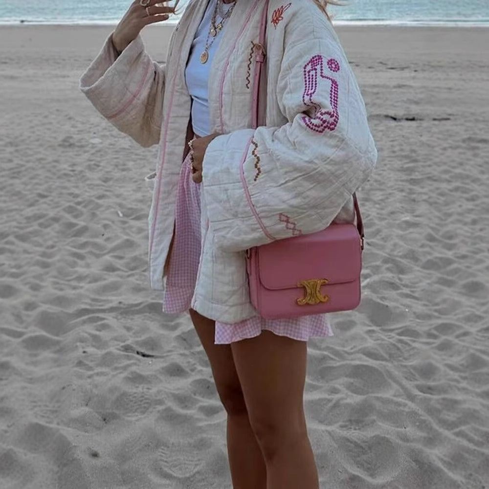 Damen Kimono-Jacke mit dekorativem Stickdesign und praktischen Taschen EB