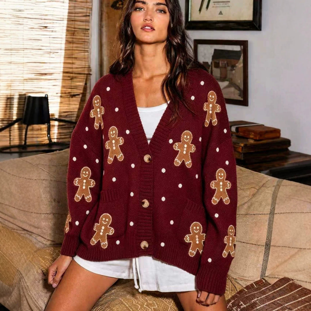 Damen nan oversized Strickcardigan mit Lebkuchenstickerei und tiefem V-Ausschnitt EB