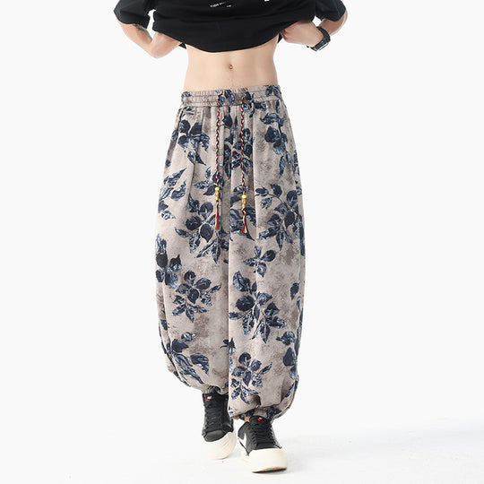 Damen nan lässige Pluderhose im Ethno-Print mit elastischem Bund, Kordelzug und gesmokten Bündchen EB