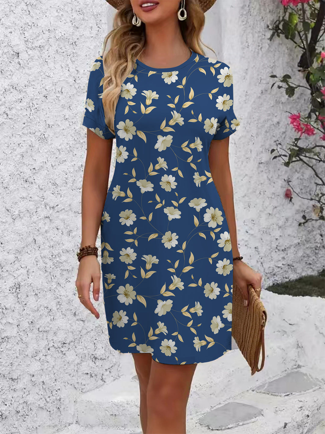Damen Kurzarmkleid mit verspieltem Flamingo-Design und lockerem Schnitt EB