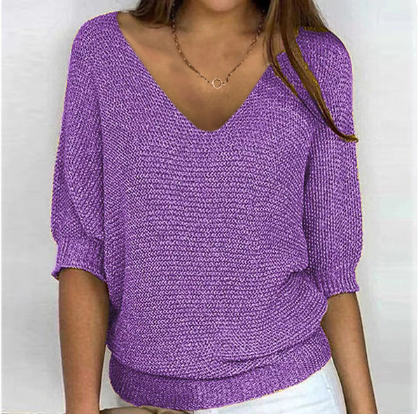 Damen nan lässiger Strickpullover mit V-Ausschnitt und Fledermausärmeln EB