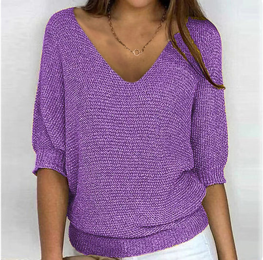 Damen nan lässiger Strickpullover mit V-Ausschnitt und Fledermausärmeln EB