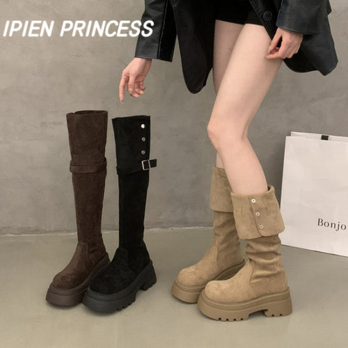 Damen Elegante Overknee-Stiefel mit modischem Riemen und Knopfdetails EB
