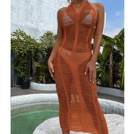 Damen Häkel-Strandkleid mit fransigen Elementen und hoher Taille EB