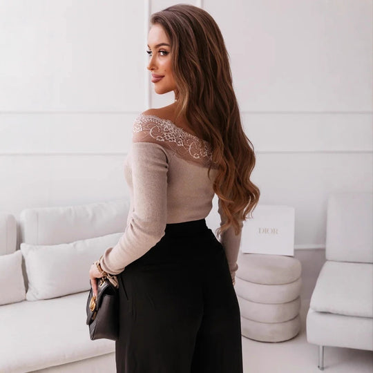 Damen Off-Shoulder Top mit Spitzenbesatz und langem Arm EB