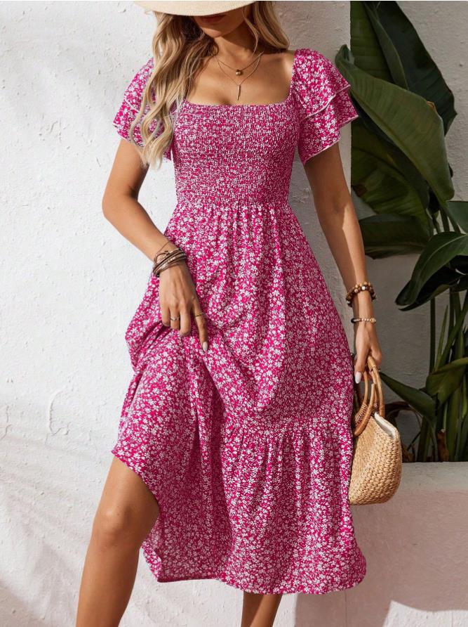 Damen Off-Shoulder Maxikleid mit floralen Mustern und elastischem Oberteil EB