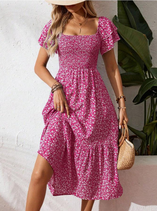 Damen Off-Shoulder Maxikleid mit floralen Mustern und elastischem Oberteil EB